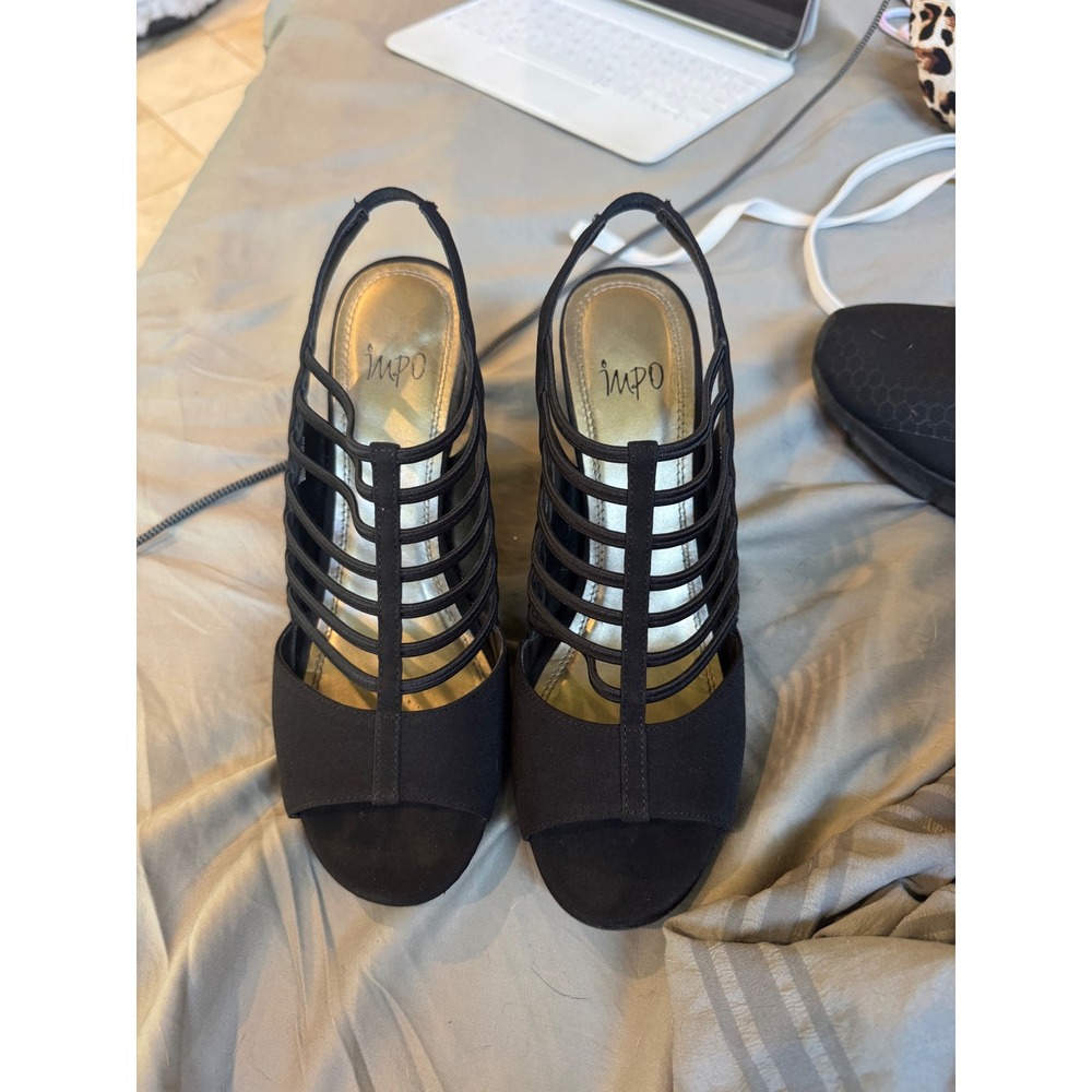 Impo Black Caged Slingback Heels Peep Toe Strappy Block Heel Sandals Size 8.5M